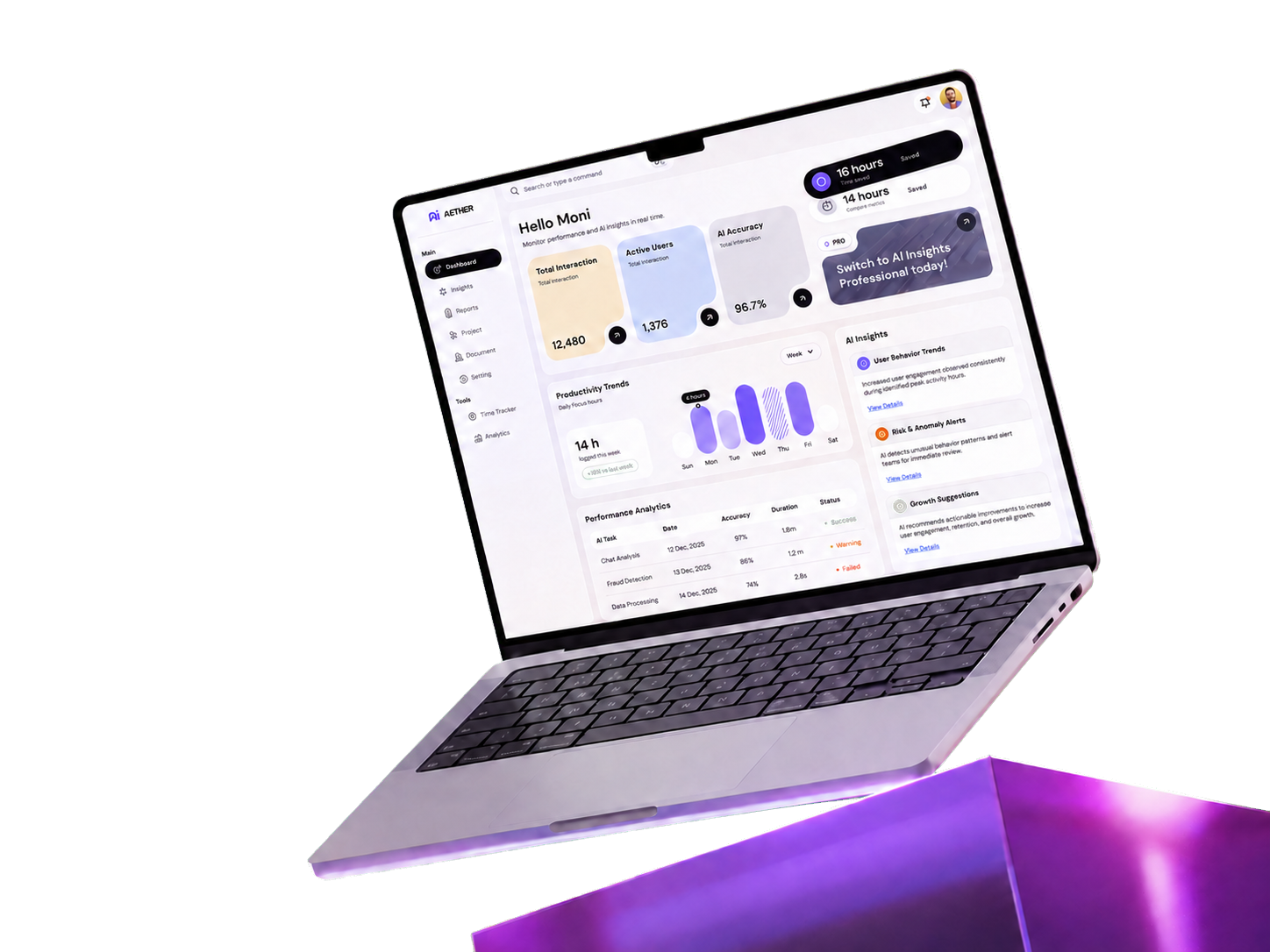 MacBook on a luminous glass cube displaying an analytics dashboard