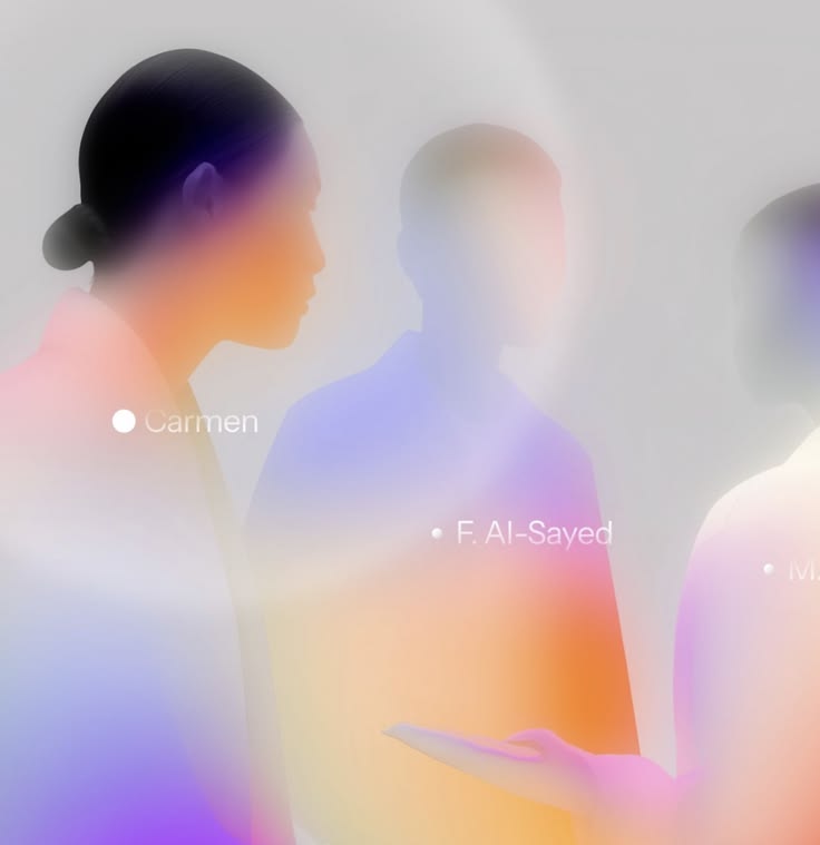 A softly lit team represented through colourful overlapping silhouettes